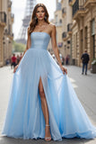 A Line Spaghetti Straps Long Light Blue Prom Dress