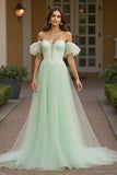 Off The Shoulder Ruffle Sleeve Appliqued Green Prom Dress