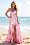 Sparkly Sheath Long Pink Prom Dress With Slit