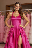 Halter A Line Fuchsia Long Prom Dress With Slit