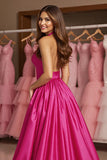 Halter A Line Fuchsia Long Prom Dress With Slit