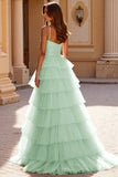 A Line Tiered Spaghetti Straps Blush Prom Dress With Slit