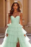 A Line Tiered Spaghetti Straps Blush Prom Dress With Slit