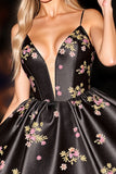 Floral Satin A Line Little Black Dress