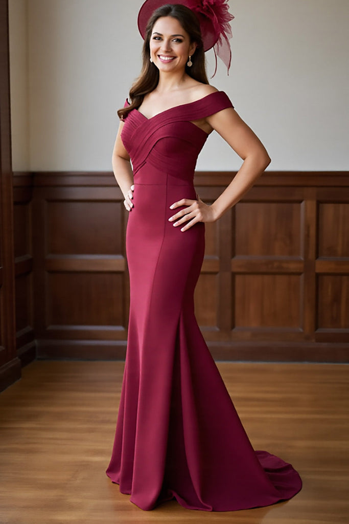 WEDTREND Women Burgundy Mother of the Bride Dress Ruched Mermaid Off