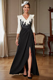 A Line Black Appliqued Mum of the Bride Dress with Slit