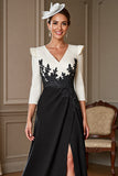 A Line Black Appliqued Mum of the Bride Dress with Slit