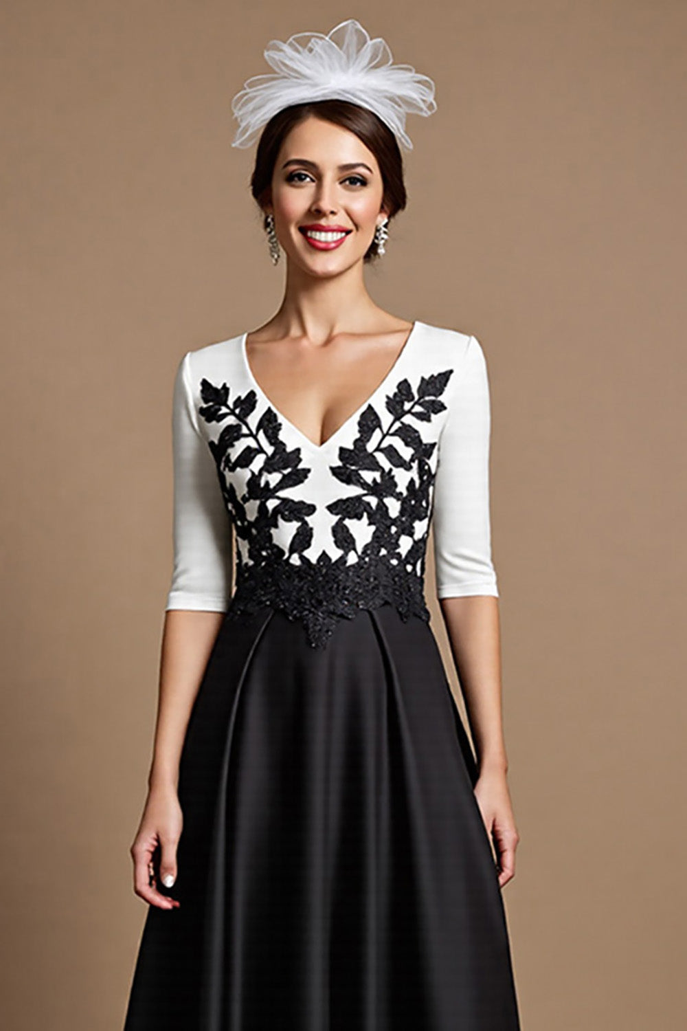 WEDTREND Women Black and White Mother of the Bride Dress with Appliques A Line V Neck Satin Midi Wedding Guest Dress – Wedtrend UK