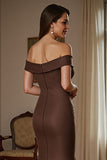 Off The Shoulder Satin Brown Mermaid Formal Dress With Draped Bow