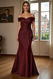 Off The Shoulder Satin Brown Mermaid Formal Dress With Draped Bow