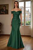 Off The Shoulder Satin Brown Mermaid Formal Dress With Draped Bow