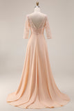 Apricot A Line V-Neck Appliqued Mother Of The Bride Dress With Sleeves