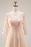 Apricot A Line V-Neck Appliqued Mother Of The Bride Dress With Sleeves