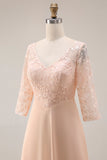 Apricot A Line V-Neck Appliqued Mother Of The Bride Dress With Sleeves