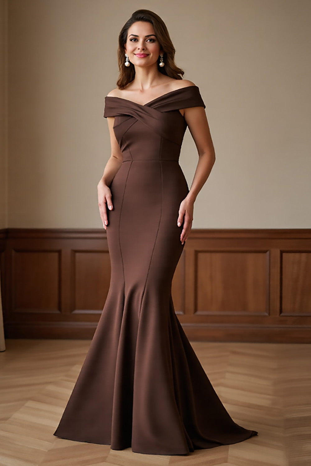WEDTREND Women Off The Shoulder Mother Of The Bride Dress Brown Mermaid Formal Dress Wedtrend UK WEDTREND Women Off The Shoulder Mother Of The Bride Dress Brown Mermaid Formal Dress Wedtrend UK