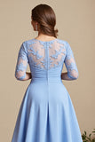 Sky Blue A Line Appliqued Mum of the Bride Dress