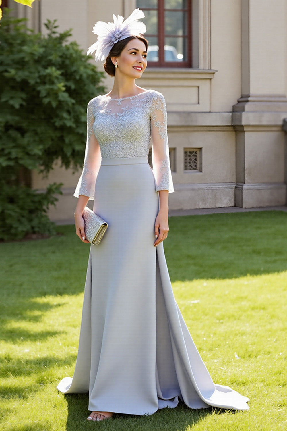 WEDTREND Women Silver Mother Of The Bride Dress Mermaid 3/4 Sleeve Formal Dress With Appliques Wedtrend UK WEDTREND Women Silver Mother Of The Bride Dress Mermaid 3/4 Sleeve Formal Dress With Appliques Wedtrend UK