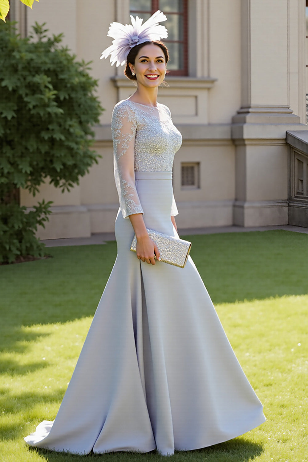 WEDTREND Women Silver Mother Of The Bride Dress Mermaid 3/4 Sleeve Formal Dress With Appliques Wedtrend UK WEDTREND Women Silver Mother Of The Bride Dress Mermaid 3/4 Sleeve Formal Dress With Appliques Wedtrend UK