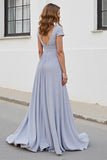 Silver V Neck Ruched A Line Mother Of The Bride Dress