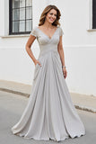 Silver V Neck Ruched A Line Mother Of The Bride Dress
