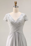 Silver Ruched A Line Lace V Neck Mother Of The Bride Dress