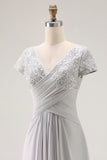 Silver Ruched A Line Lace V Neck Mother Of The Bride Dress