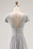 Silver Ruched A Line Lace V Neck Mother Of The Bride Dress