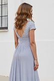 Silver V Neck Ruched A Line Mother Of The Bride Dress