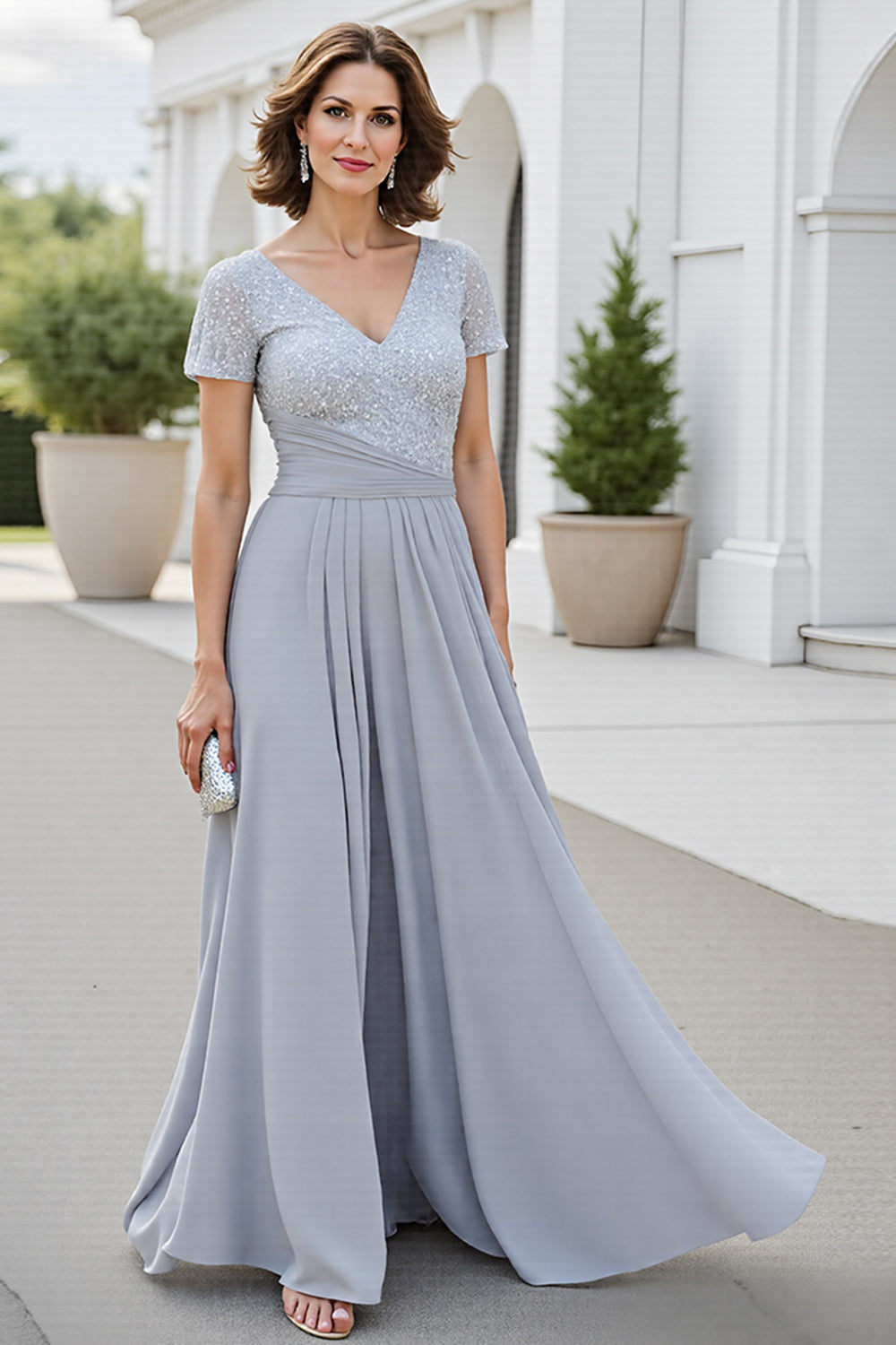 silver grey mother of the bride dresses uk WEDTREND Women Silver Mother Of The Bride Dress Mermaid 3/4 Sleeve Formal Dress With Appliques Wedtrend UK