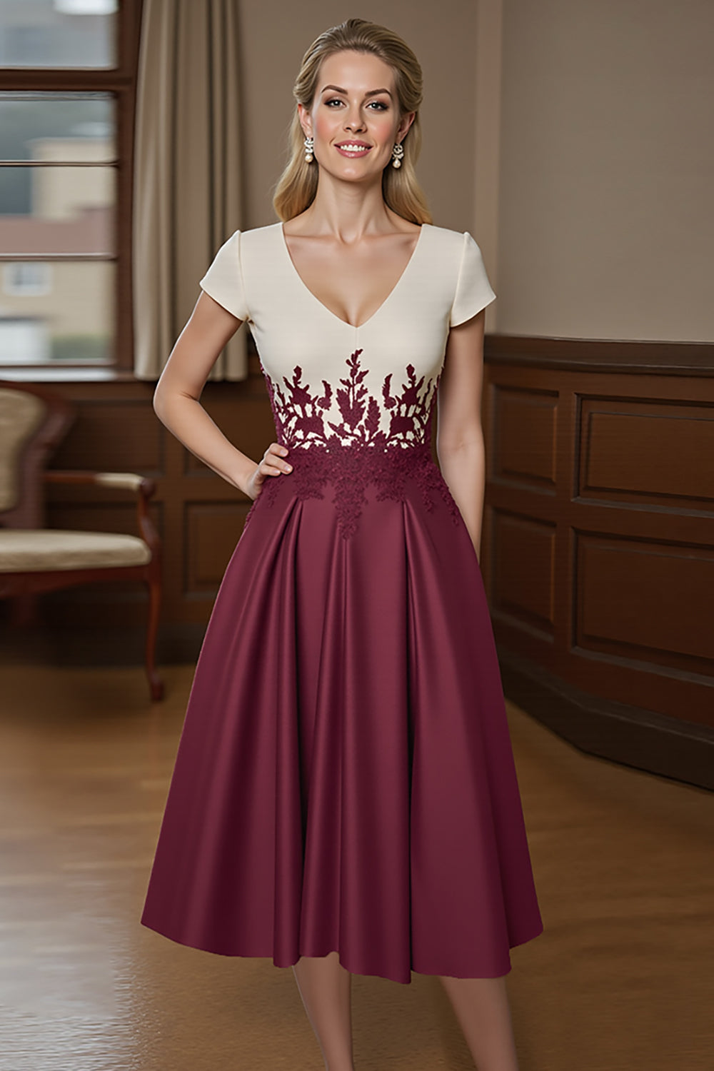 WEDTREND Women Burgundy Mother Of The Bride Dress A Line V Neck