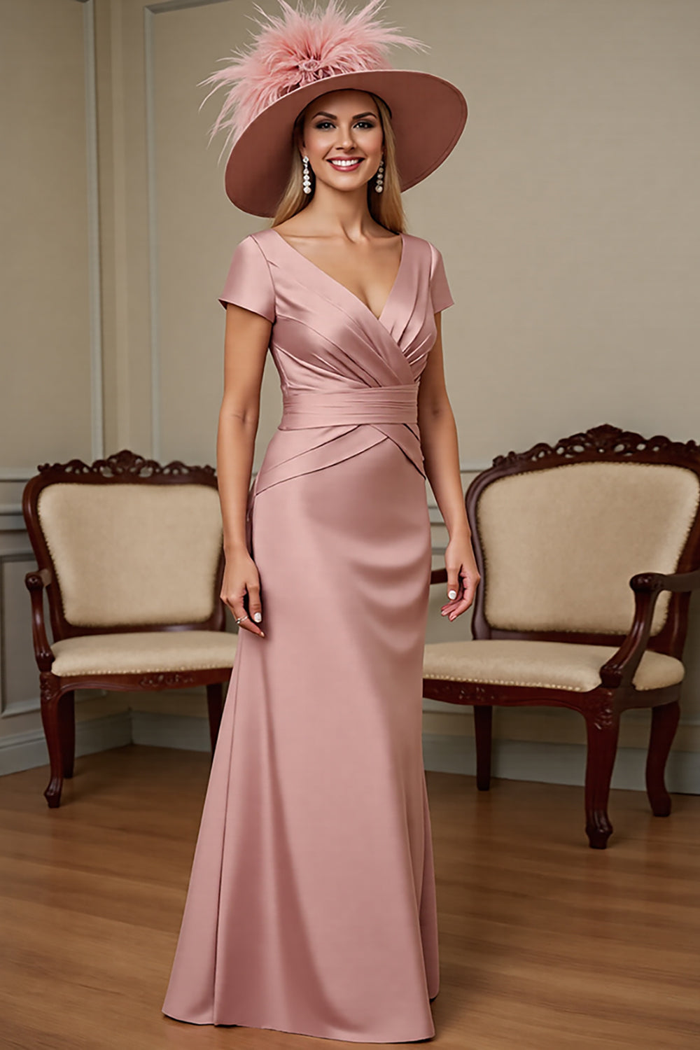 WEDTREND Women Dusty Rose Mother Of The Bride Dress Sheath Satin V Neck Long Formal Dress Wedtrend UK WEDTREND Women Dusty Rose Mother Of The Bride Dress Sheath Satin V Neck Long Formal Dress Wedtrend UK