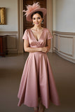 Dusty Rose Satin A Line V-Neck Mum of the Bride Dress