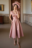 Dusty Rose Satin A Line V-Neck Mum of the Bride Dress