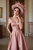 Dusty Rose Satin A Line V-Neck Mum of the Bride Dress
