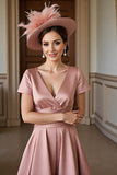Dusty Rose Satin A Line V-Neck Mum of the Bride Dress