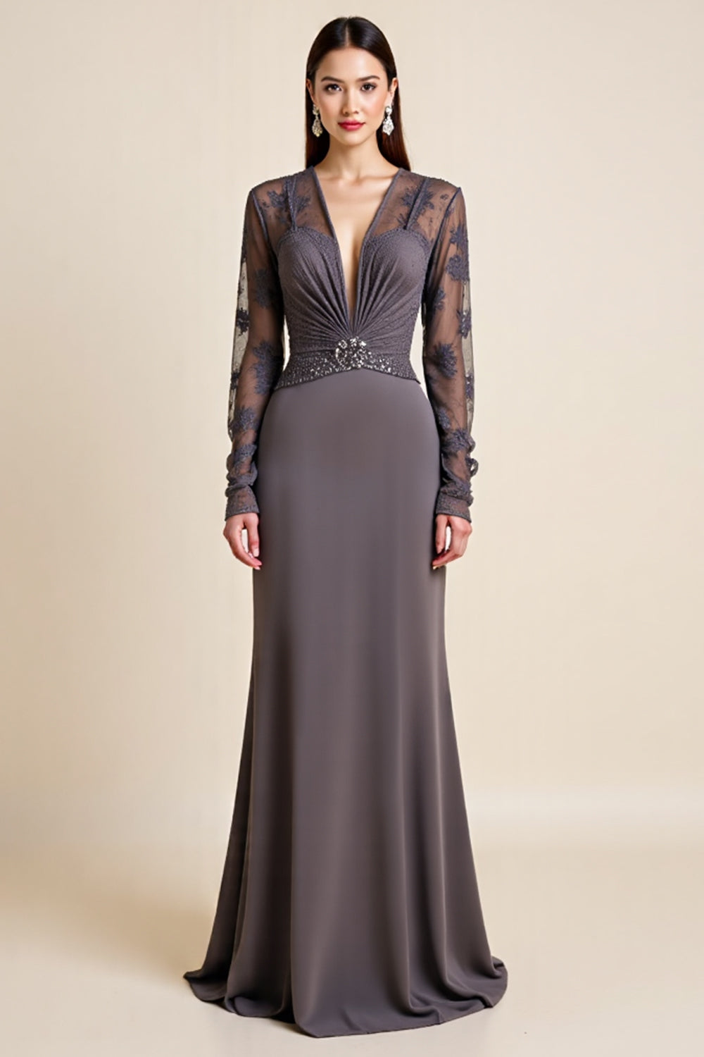 WEDTREND Women Long Sleeve Steel Grey Mother Of The Bride Dress Sheath V Neck Ruched Beaded Wedding Guest Dress With Appliques Wedtrend UK WEDTREND Women Long Sleeve Steel Grey Mother Of The Bride Dress Sheath V Neck Ruched Beaded Wedding Guest Dress With Appliques Wedtrend UK