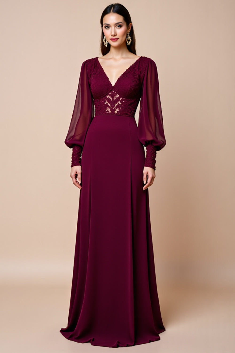 WEDTREND Women Long Sleeve Burgundy Mother Of The Bride Dress A Line V Neck Wedding Guest Dress With Appliques Wedtrend UK WEDTREND Women Long Sleeve Burgundy Mother Of The Bride Dress A Line V Neck Wedding Guest Dress With Appliques Wedtrend UK