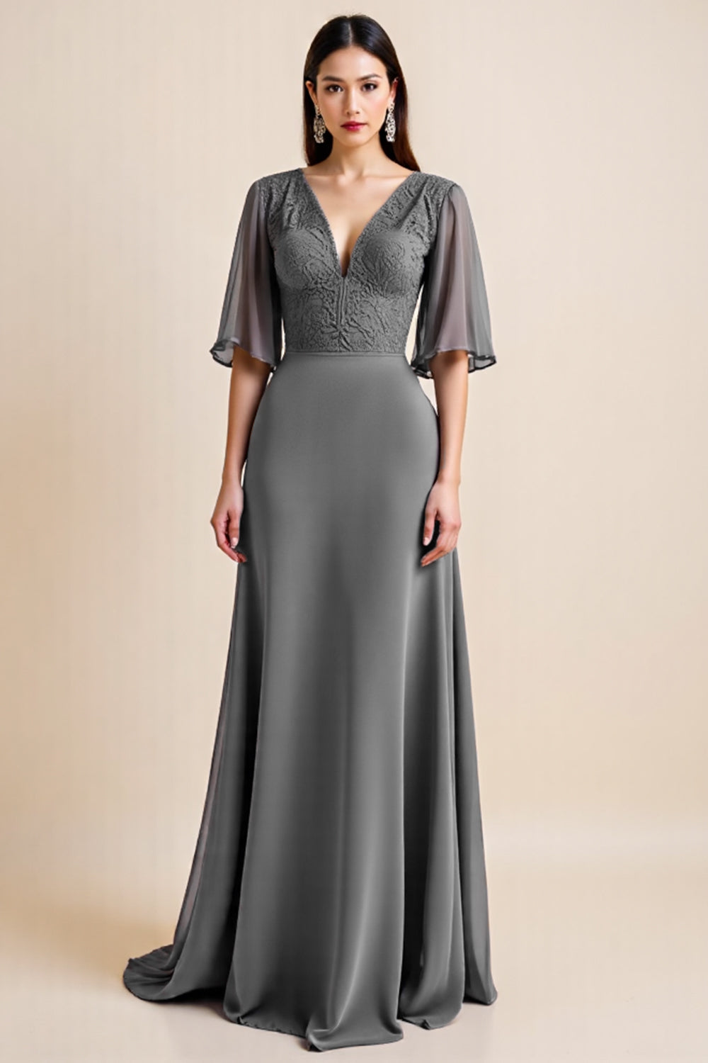WEDTREND Women Steel Grey Mother Of The Bride Dress A Line V Neck Corset Half Sleeve Long Wedding Guest Dress Wedtrend UK WEDTREND Women Steel Grey Mother Of The Bride Dress A Line V Neck Corset Half Sleeve Long Wedding Guest Dress Wedtrend UK