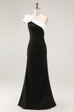 Black One Shoulder Mermaid Satin Long Formal Dress