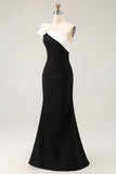 Black One Shoulder Mermaid Satin Long Formal Dress
