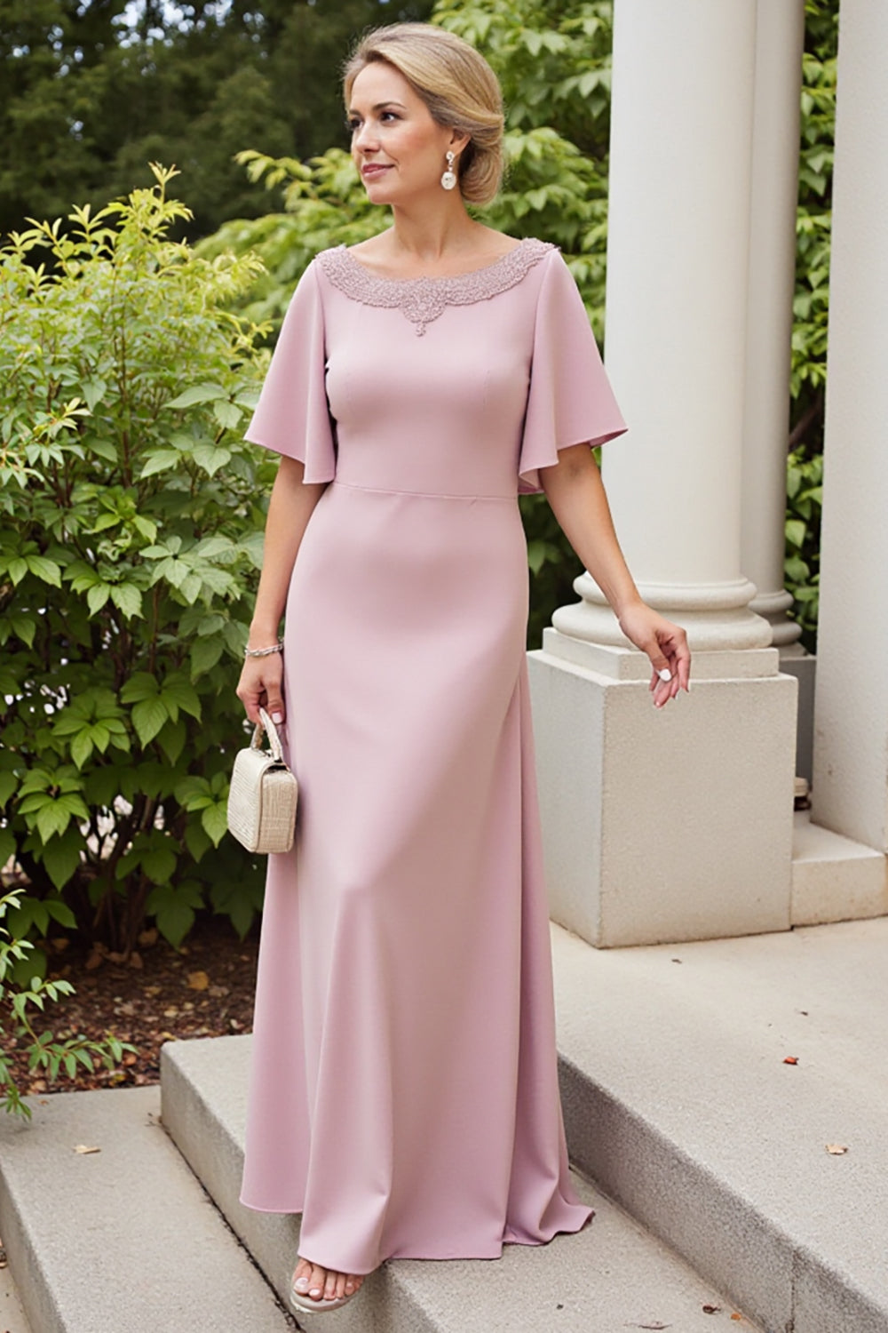 WEDTREND Women Dusty Rose Sheath Satin Long Mother of the Bride Dress with Appliques Boat Neck Half Sleeve Wedding Guest Dress Wedtrend UK WEDTREND Women Dusty Rose Sheath Satin Long Mother of the Bride Dress with Appliques Boat Neck Half Sleeve Wedding Guest Dress Wedtrend UK