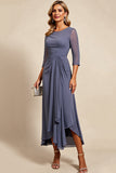Chiffon Ruched Grey Mum of the Bride Dress with 3/4 Sleeves