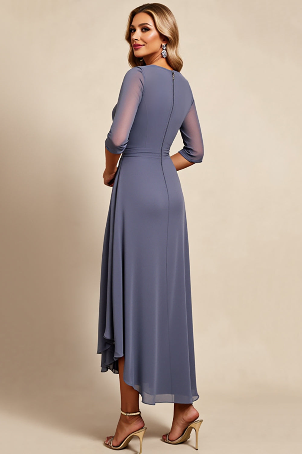 WEDTREND Women Twilight Sheath Chiffon Ankle Length Mother of the Bride Dress with Sleeves Boat Neck Wedding Guest Dress with Lace – Wedtrend UK