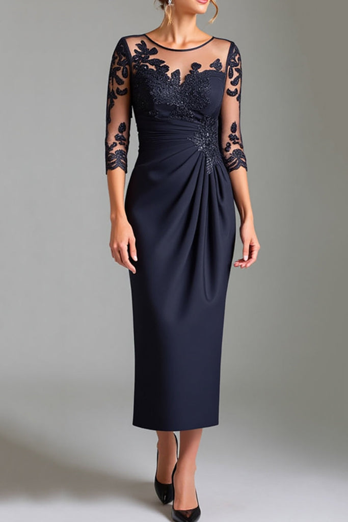 WEDTREND Women Sparkly Navy Sheath Satin Mother of the Bride Dress with