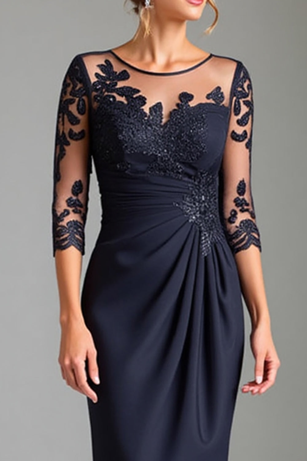 WEDTREND Women Sparkly Navy Sheath Satin Mother of the Bride Dress with