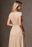 Champagne A Line Satin Ruffled Long Mother of the Bride Dress with Slit