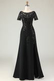 Black A Line Appliqued Satin Long Mother of the Bride Dress