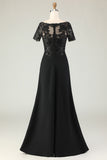 Black A Line Appliqued Satin Long Mother of the Bride Dress