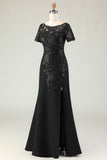 Black A Line Appliqued Satin Long Mother of the Bride Dress