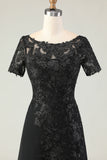 Black A Line Appliqued Satin Long Mother of the Bride Dress